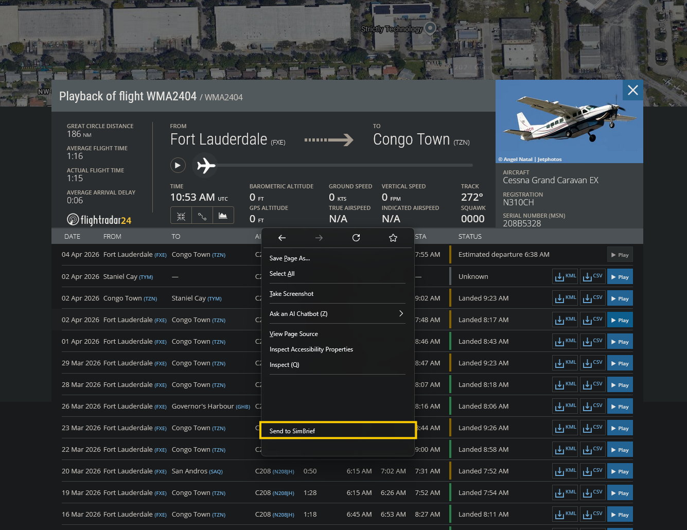 Context menu on a Flightradar24 flight page showing the Send to SimBrief option
