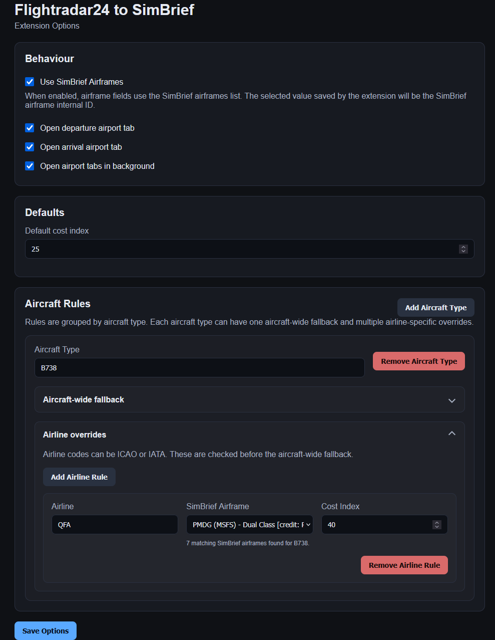 Extension options page showing behaviour settings, defaults, and aircraft rules