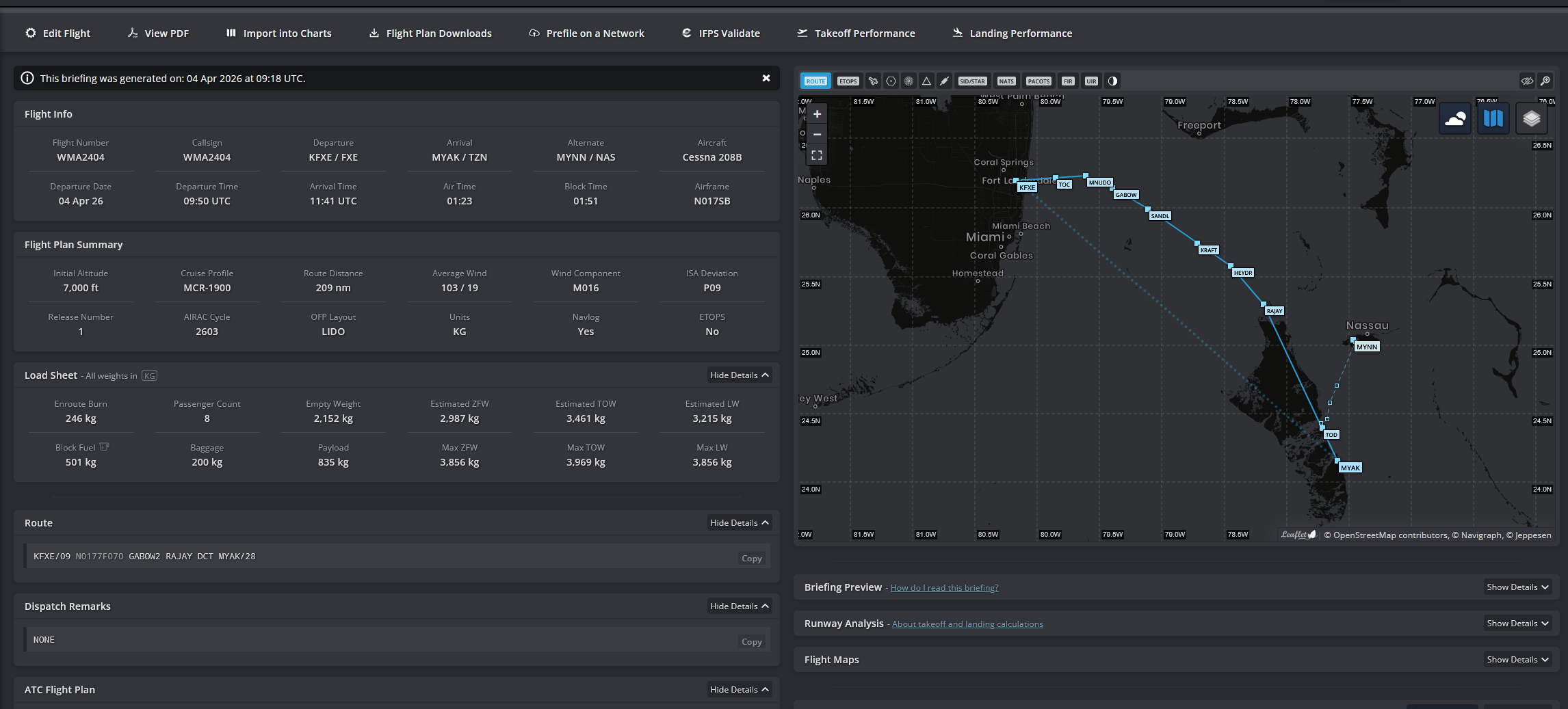 SimBrief page populated with captured flight information